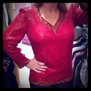 Joan Leslie Sequin and Beads Red and Gold Top